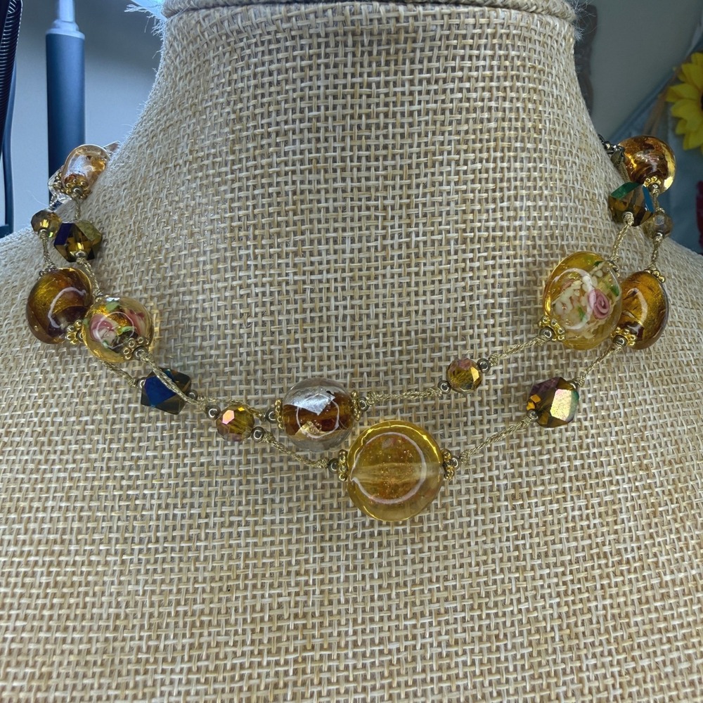 Vintage Bohemian Venetian Lampwork Art Glass Floral Foil Bead Necklace Amber - Picture 2 of 9